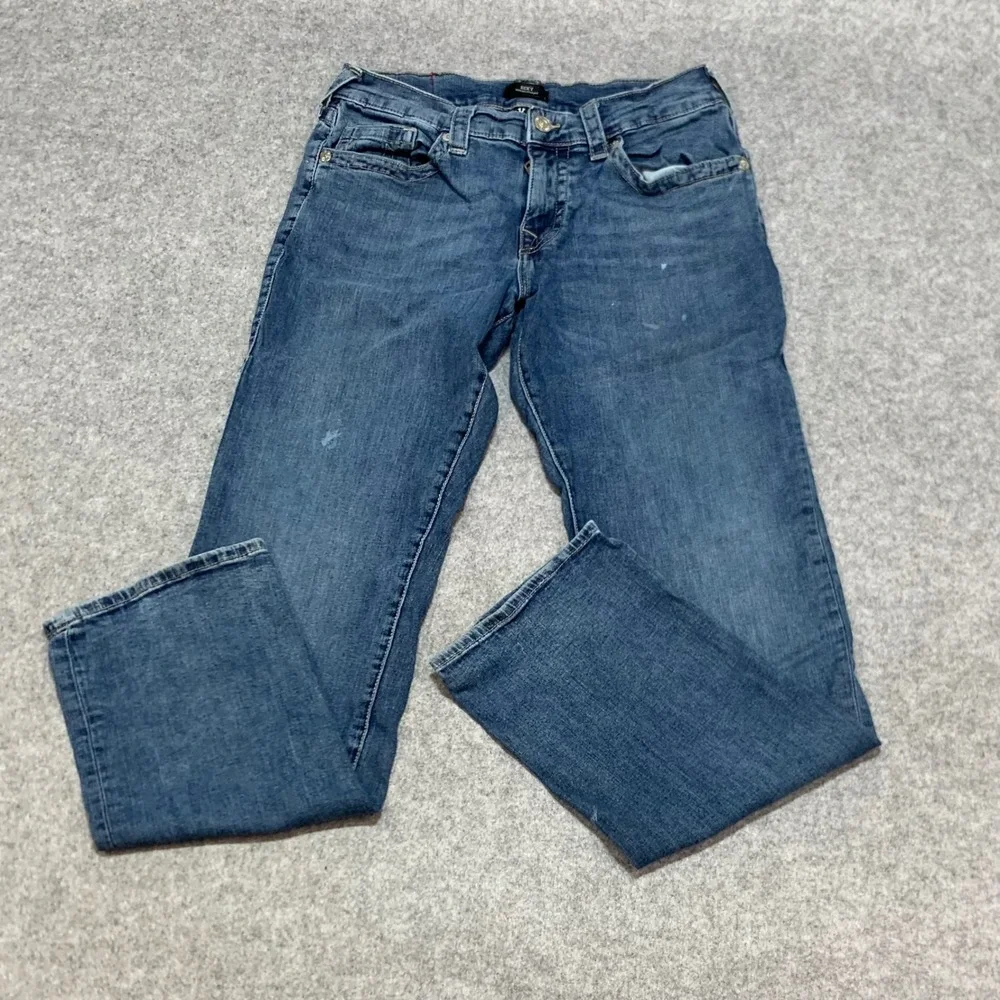 True Religion Ricky Relaxed Straight Jeans Mens 32 Medium Wash Denim Paint Marks